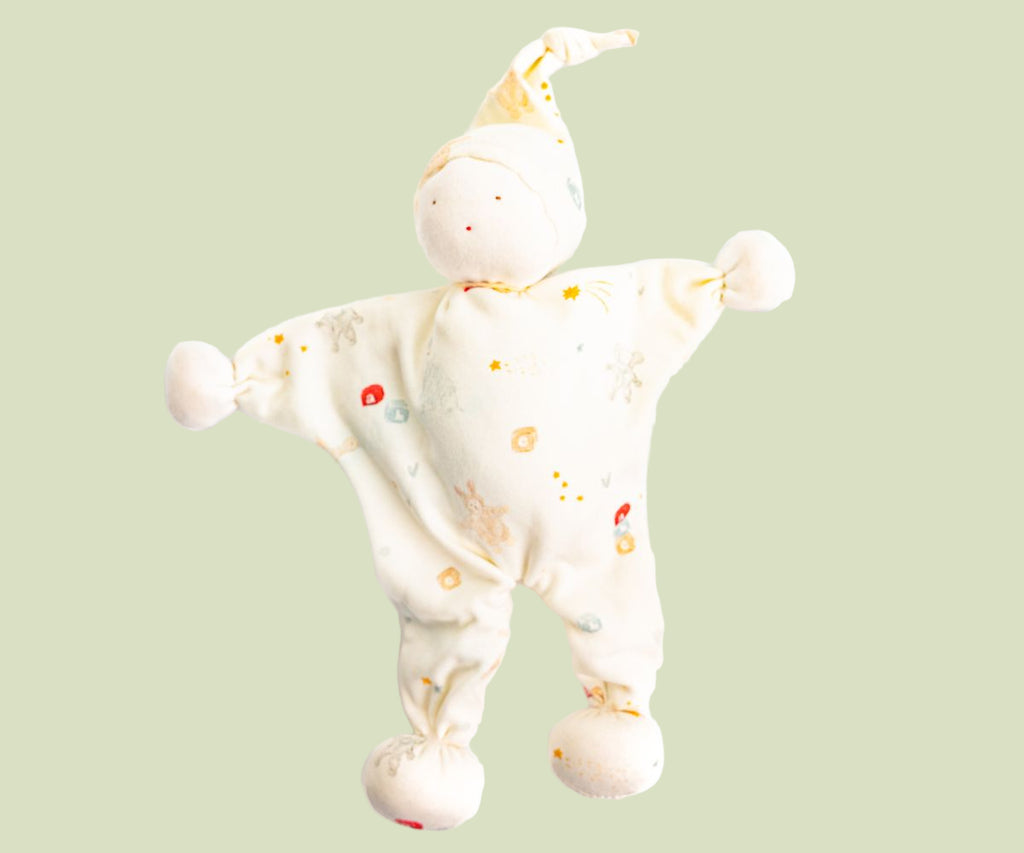 Organic cotton baby comforter with toy shop pattern, for newborn baby